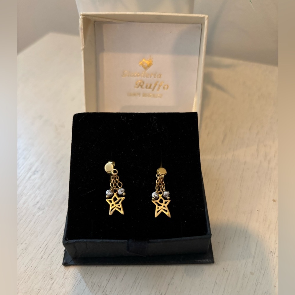 14K Gold Gioielleria Ruffo Star Drop Earrings | Italian Gold Dangle Celestial - Picture 4 of 8